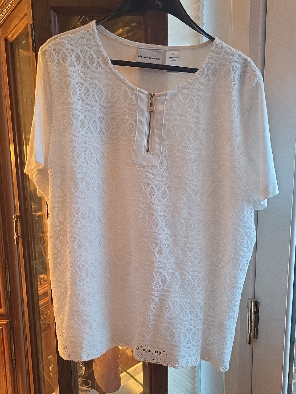Alfred Dunner White Lace Overlay Zip-Front Blouse